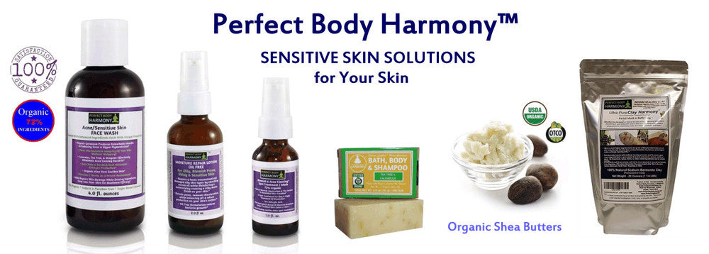 sensitive skin facial serums, lotions, treatments, clays, and organic soaps